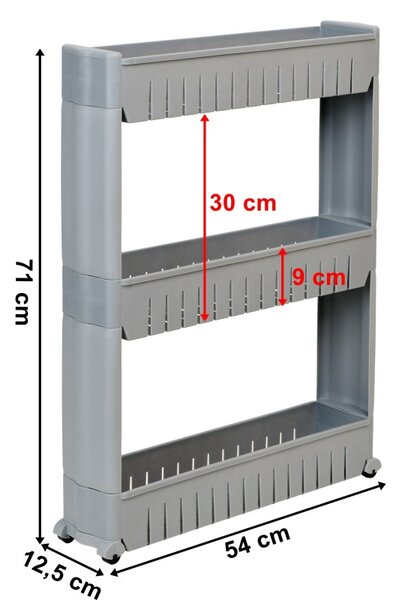 Raft depozitare, 3 polite, baie/bucatarie, roti, design modular, gri