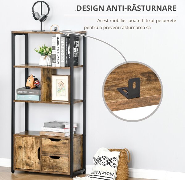 HOMCOM Biblioteca cu 3 Rafturi, Dulap si 2 Sertare, Biblioteca Stil Industrial din PAL si Metal, 58x24x122 cm, Negru si Lemn natur | Aosom Romania