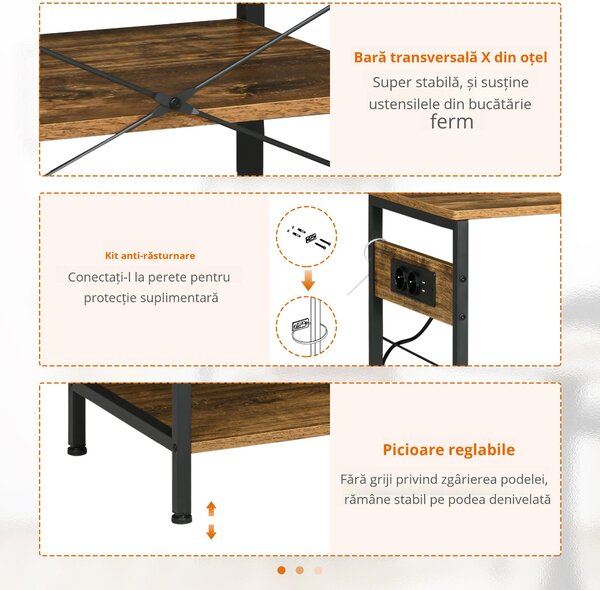 HOMCOM Suport pentru Brutării cu Priză de Curent, Încărcător USB, Suport Cuptor cu Microunde, Rafturi Industriale, Maro | Aosom Romania