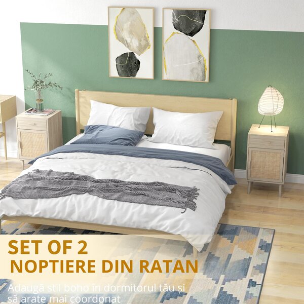 HOMCOM Set de 2 Mese Noptiera, Mese Laterale din Ratan cu Sertar | Aosom Romania