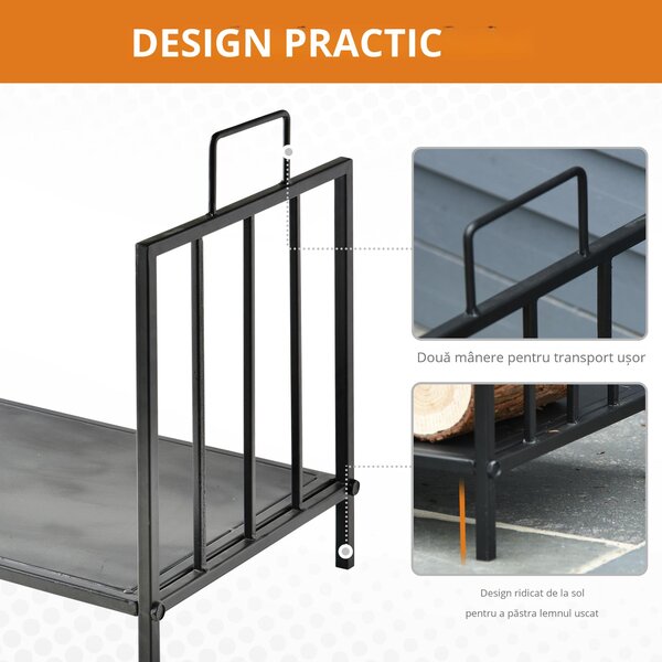 Outsunny Suport pentru Lemne pentru Interior și Exterior cu 2 Mânere, 44,5x33x46,5 cm, Negru | Aosom Romania