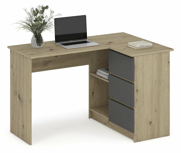 Birou de colt Houston 1950Unghiular, 76x124x85cm, Grafit, Stejar artizan
