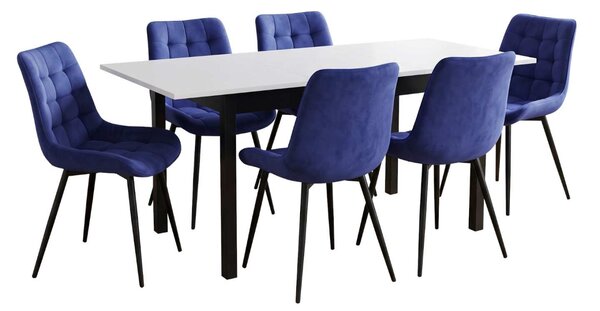 Set masă extensibilă Mara Alb 170x75 cm cu 6 scaune Onix Albastru