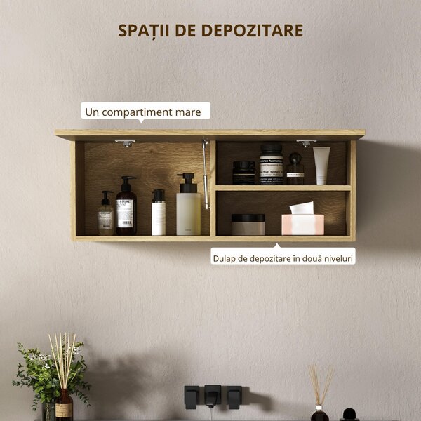 HOMCOM Dulap de Baie Suspendat cu Ușă Rabatabilă și Rafturi din Lemn, 80x25x30 cm, Natural | Aosom Romania