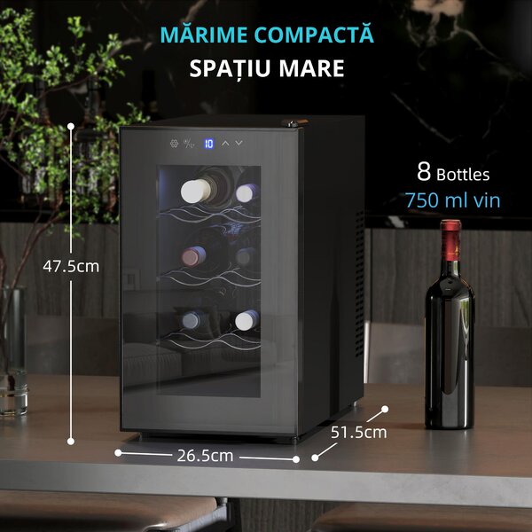 HOMCOM Frigider pentru 8 Sticle de Vinuri cu Temperatura Reglabilă 8-18°C și Rafturi Reglabile, 26,5x51,5x47,5 cm, Negru | Aosom Romania