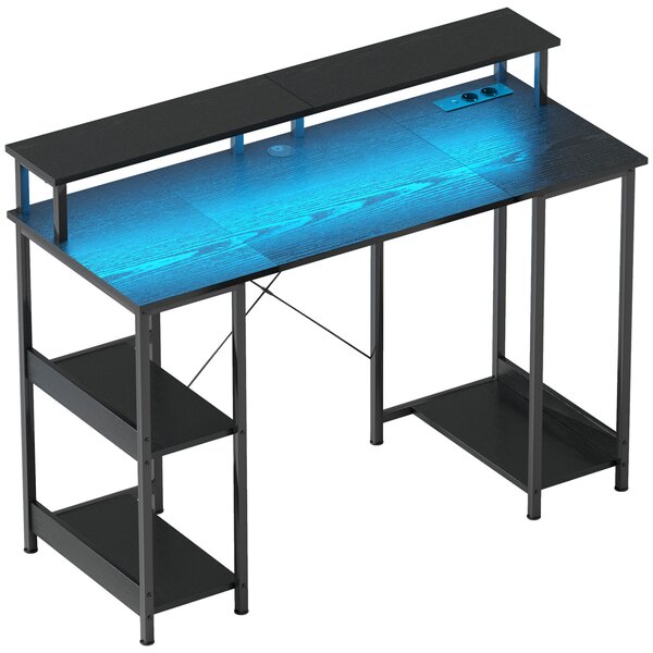 HOMCOM Birou Reversibil pentru Calculator cu Prize, Lumini LED, Suport Dublu și Rafturi Reglabile, 120x50x89,5 cm, Negru | Aosom Romania
