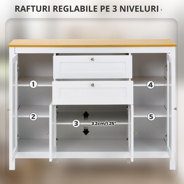 HOMCOM Comodă de Bucătărie, Mobilier de Bucătărie cu 2 Sertare, 3 Dulapuri, Blat de Lucru din Caucciuc, Bufet cu Uși din Sticlă, Rafturi Ajustabile, pentru Sufragerie, 120x40x90cm, Alb | Aosom Romania
