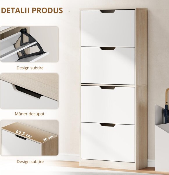 HOMCOM Dulap Subțire pentru Pantofi cu 4 Sertare pentru 16 de Perechi de Pantofi 62.5x26x156 cm, Culoare Lemn și Alb | Aosom Romania