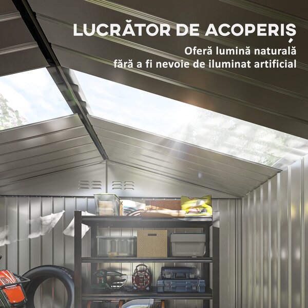 Outsunny Magazie de Grădină 4,9 m² 277x195x192 cm cu 2 Uși Culisante, Acoperiș Înclinat și 4 Grile de Ventilație, Gri Argintiu | Aosom Romania