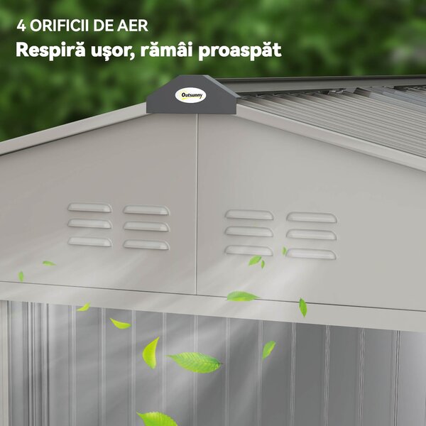 Outsunny Magazie de Grădină 4,9 m² 277x195x192 cm cu 2 Uși Culisante, Acoperiș Înclinat și 4 Grile de Ventilație, Gri Argintiu | Aosom Romania
