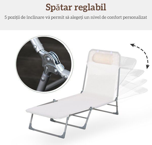 Outsunny Șezlong Pliabil cu Spătar Reglabil pe 5 Nivele și Pernă, Șezlong de Grădină cu Material Texteline, pentru Plajă, Piscină, Grădină, 182x56x28 cm, Crem | Aosom Romania