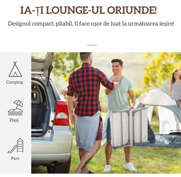 Outsunny Șezlong Pliabil cu Spătar Reglabil pe 5 Nivele și Pernă, Șezlong de Grădină cu Material Texteline, pentru Plajă, Piscină, Grădină, 182x56x28 cm, Crem | Aosom Romania