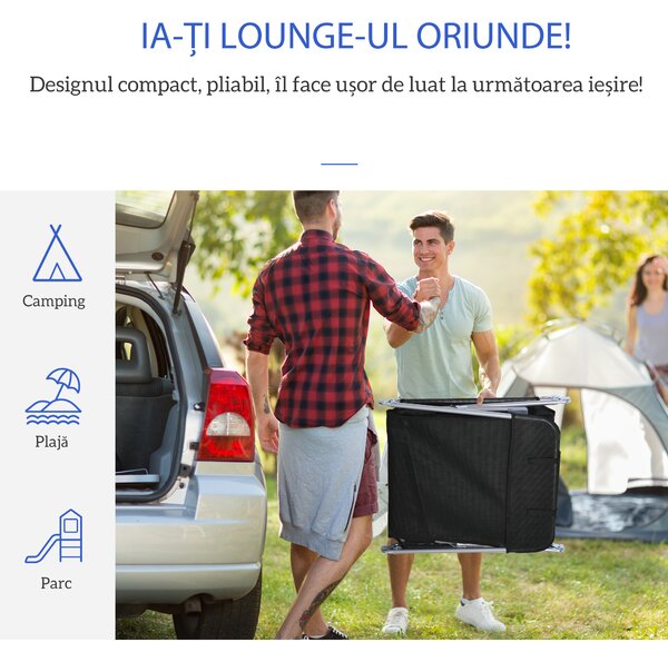 Outsunny Șezlong Pliabil cu Spătar Reglabil pe 5 Nivele și Pernă, Șezlong de Grădină cu Material Respirabil Textilen, pentru Plajă, Piscină, Grădină, 182x56x28 cm, Negru | Aosom Romania
