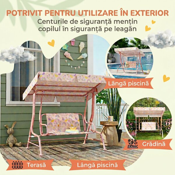 AIYAPLAY Leagăn pentru Copii cu Copertină Reglabilă și Centură de Siguranță, 120x112x75 cm, Roz | Aosom Romania