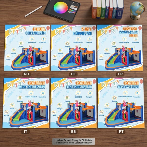 Outsunny 4 in 1 pentru copii Tobogan de apa Bounce House tobogan, trambulina, piscina, pentru copii de 3-8 ani