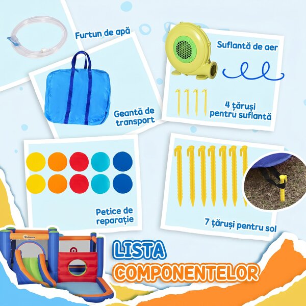 Outsunny 4 in 1 pentru copii Tobogan de apa Bounce House tobogan, trambulina, piscina, pentru copii de 3-8 ani
