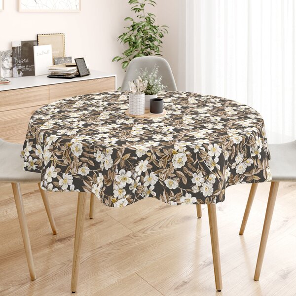 Goldea față de masă decorativă loneta - flori pe negru - rotundă Ø 140 cm