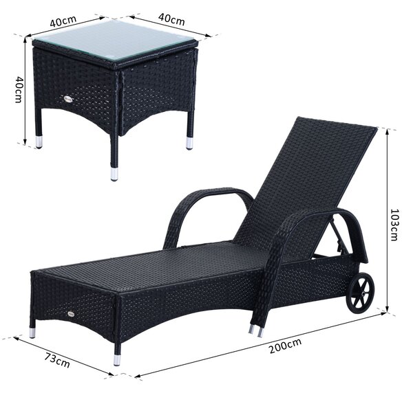 Outsunny Set Mobilier de Grădină din Ratan Negru cu Măsuță și 2 Șezlonguri Exterior cu Saltele Captușite Confortabile 200x73x103cm | Aosom Romania