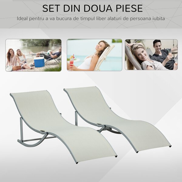 Outsunny Set 2 Sezlonguri Pliabile pentru Relaxare în Grădină, din Aluminiu și Textilen, Culoare Bej, Ușor de Depozitat | Aosom Romania