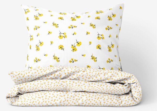 Goldea lenjerie de pat din 100% bumbac - flori galbene și floricele pe alb 140 x 200 și 50 x 70 cm