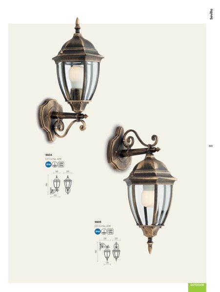 Lampă de perete de exterior Redo 9604 SEVILLA 1xE27/42W/230V IP44 auriu/patină