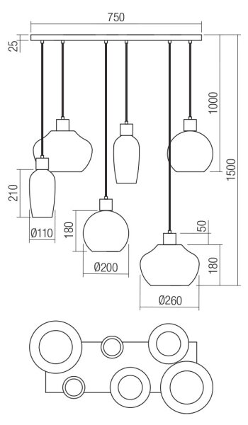 Lustră pe cablu Redo 01-4047 ATLANTIS 6xE27/42W/230V negru