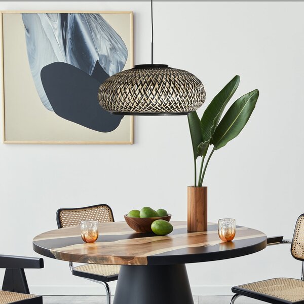 Steinhauer Lampă suspendată Sparkled Light 4476ZW, împletitură de bambus, Ø 50 cm, reglabil, Negru, Camera de zi / sufragerie, Bamboo