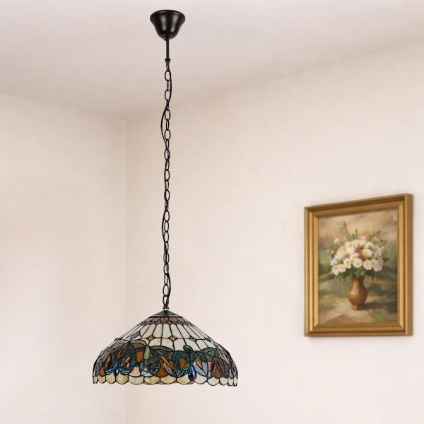 Brilagi - Candelabru Tiffany LUISA cu vitralii, suspendat pe lanț, 2xE27/60W/230V