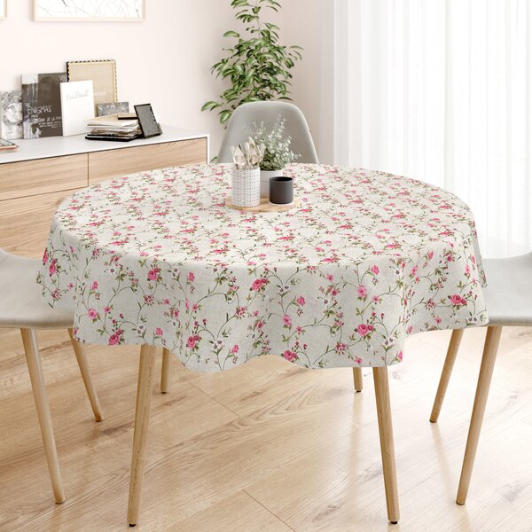 Goldea față de masă decorativă loneta - trandafiri înmuguriți - rotundă Ø 140 cm