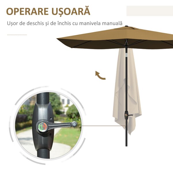 Outsunny Umbrelă de Grădină Dreptunghiulară, Umbrelă de Soare cu Manivelă și Deschidere Înclinată, 296x197x244.5 cm, Maro | Aosom Romania