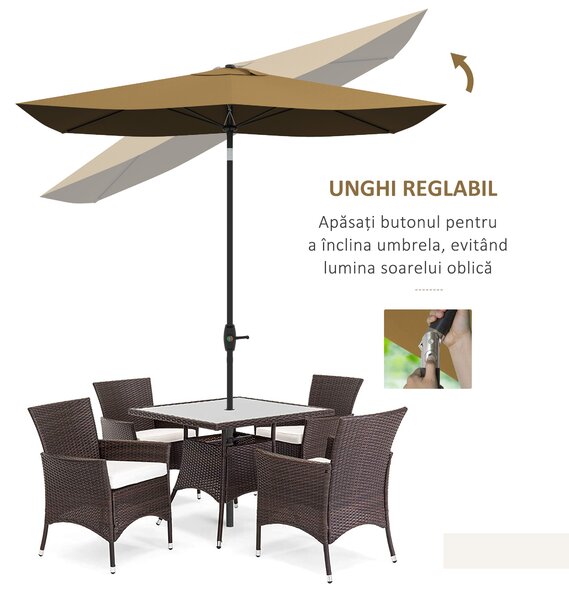Outsunny Umbrelă de Grădină Dreptunghiulară, Umbrelă de Soare cu Manivelă și Deschidere Înclinată, 296x197x244.5 cm, Maro | Aosom Romania