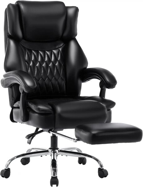 Scaun directorial, spatar inalt, suport pentru picioare, perna lombara detasabila, spatar rabatabil, captuseala groasa respirabila, sustinere extra, piele PU Premium, Negru