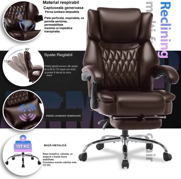Scaun directorial, spatar inalt, suport pentru picioare, perna lombara detasabila, spatar rabatabil, captuseala groasa respirabila, sustinere extra, piele eco Premium, Maro