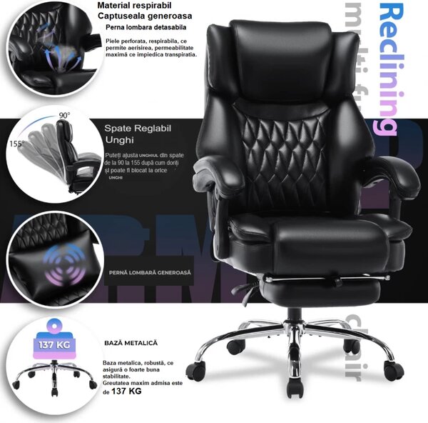 Scaun directorial, spatar inalt, suport pentru picioare, perna lombara detasabila, spatar rabatabil, captuseala groasa respirabila, sustinere extra, piele PU Premium, Negru