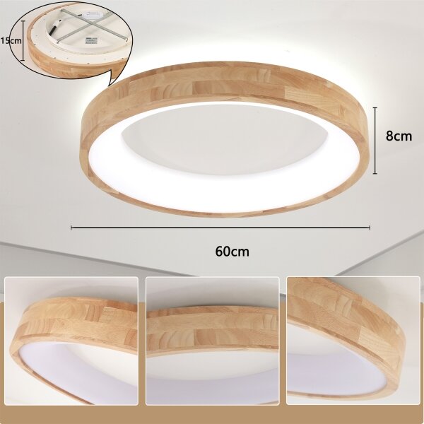 Plafonieră LED Brilagi-LED FALCON WOOD, 40W, 230V, 3 temperaturi de culoare (3000/4000/6000K), 60 cm, corp din lemn