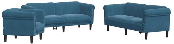 Set de canapele, 3 piese, albastru, catifea