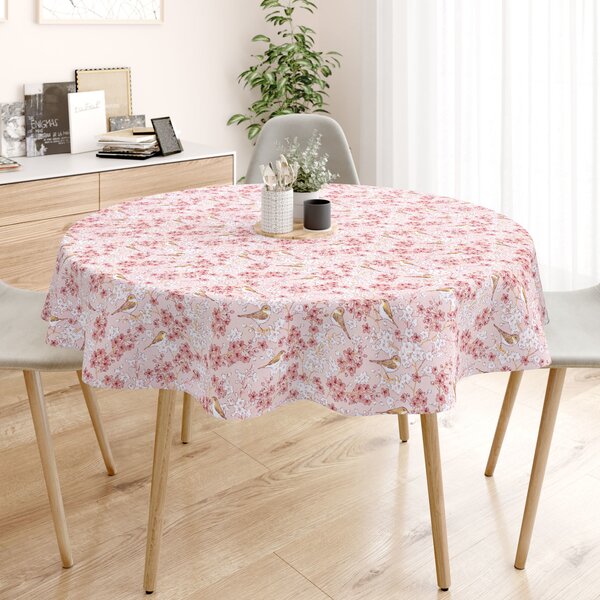 Goldea față de masă 100% bumbac - păsări în grădină roz - rotundă Ø 100 cm