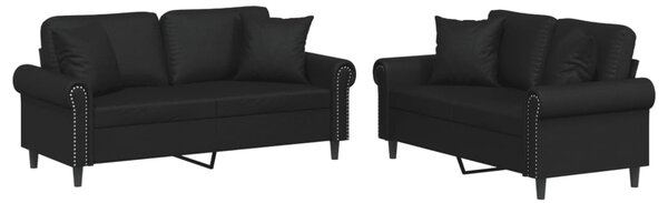 Set de canapele cu perne, 2 piese, negru, piele ecologică