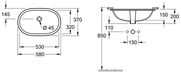 Villeroy & Boch O.Novo lavoar 53x32 cm ovale sub blat alb luciu 416250R1