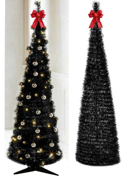 Brad artificial de Craciun pop-up, decorat cu luminite si globuri, inaltime 180 cm, alb-negru