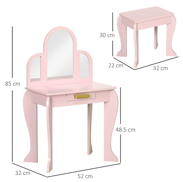 HOMCOM Masa cu oglinda si taburet, set de vanitate pentru copii, birou de machiaj pentru fete cu sertar pentru copii de 3-6 ani, roz | Aosom Romania