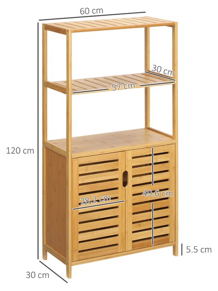 Kleankin Dulap de baie cu 2 rafturi deschise si dulap cu doua usi, din bambus cu usa cu clapeta, natural | Aosom Romania