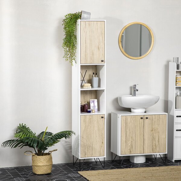 Kleankin Dulap Înalt Baie, 2 Rafturi Deschise, 2 Dulapuri, Design Modern, Natural/Alb | Aosom Romania