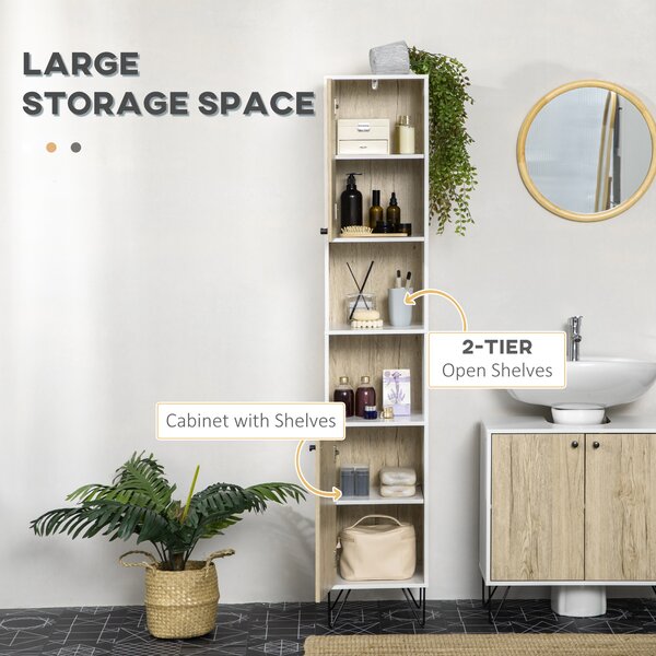Kleankin Dulap Înalt Baie, 2 Rafturi Deschise, 2 Dulapuri, Design Modern, Natural/Alb | Aosom Romania