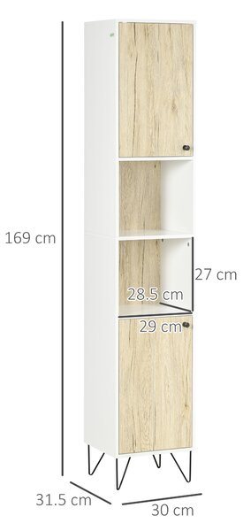 Kleankin Dulap Înalt Baie, 2 Rafturi Deschise, 2 Dulapuri, Design Modern, Natural/Alb | Aosom Romania