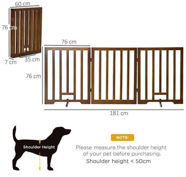 PawHut Barieră Pliabilă pentru Câini cu 3 Panouri și Picioare de Sprijin, Poartă din Lemn pentru Animale, pentru Scări, Maro | Aosom Romania