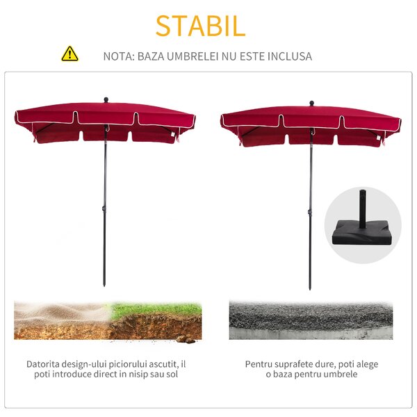 Outsunny Umbrelă de Grădină Dreptunghiulară cu Înălțime Reglabilă, Cadru din Aluminiu, 200x125x235cm, Roșu | Aosom Romania