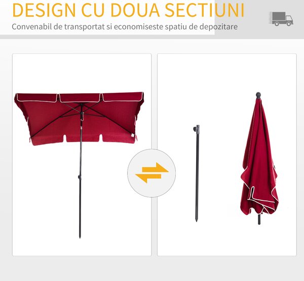 Outsunny Umbrelă de Grădină Dreptunghiulară cu Înălțime Reglabilă, Cadru din Aluminiu, 200x125x235cm, Roșu | Aosom Romania