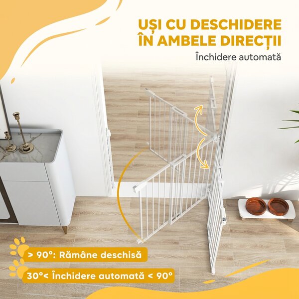 PawHut Poartă de Siguranță Extensibilă pentru Câini 72-108,5x76 cm, cu Închidere Automată, Deschidere cu O Mână, Albă | Aosom Romania