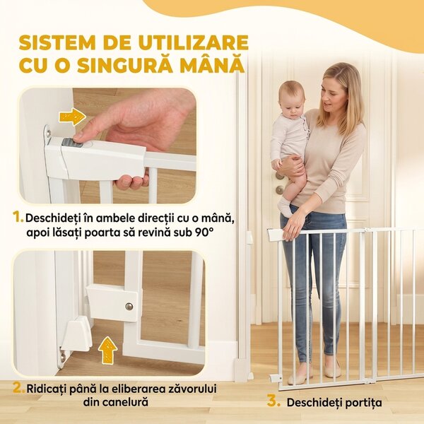 PawHut Poartă de Siguranță Extensibilă pentru Câini 72-108,5x76 cm, cu Închidere Automată, Deschidere cu O Mână, Albă | Aosom Romania